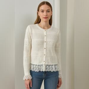 Emerson Lang White Knit Cardigan with Lace Trim